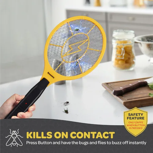 Vista 3 de Raqueta Matamoscas Eléctrica de Mano Zapeador de Insectos para Interiores/Exteriores - Potente 1500 Voltios Instantáneo Moscas/Insectos y Mosquitos
