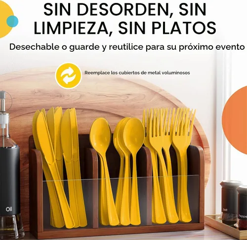 Vista 5 de Party Solids - Cubertería de plástico resistente, 200 piezas, cucharas desechables de plástico amarillas, cubiertos, cubiertos Amarillo