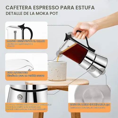 Vista 4 de Cafetera de acero inoxidable de cristal transparente Moka Pot 4 Cup 7.4 fl oz