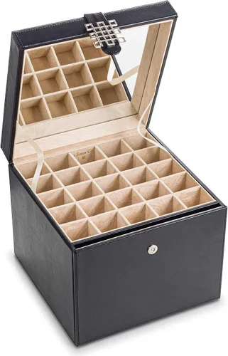 Vista 2 de Glenor Co Soporte organizador de aretes, 75 ranuras pequeñas y 4 grandes, caja de joyería clásica con cajón y cierre moderno, espejo, 4 bandejas