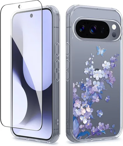 Vista 22 de GVIEWIN Funda para Google Pixel 10a con protector de pantalla, protección contra caídas de grado militar, no amarillenta, transparente, floral