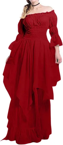 Vista 3 de Vestido victoriano para mujer, disfraz medieval vintage, manga abombada, hombros descubiertos, vestido de princesa renacentista alto y bajo