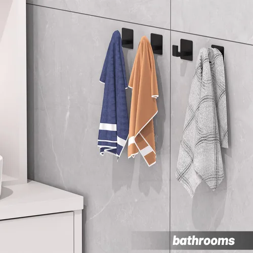 Vista 9 de Ganchos de toalla para adhesivo de baño, paquete de 4 ganchos de baño negro mate para toallas, gancho de toalla resistente a la corrosión, ganchos