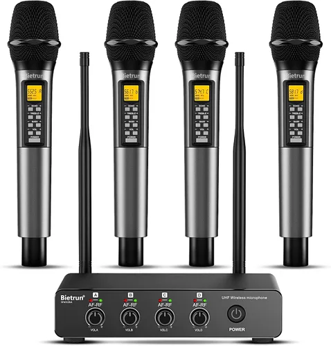 Vista 13 de Bietrun - Sistema de micrófono inalámbrico XLR, rango de 165 pies, micrófono de mano dinámico de metal dual UHF profesional inalámbrico con cable