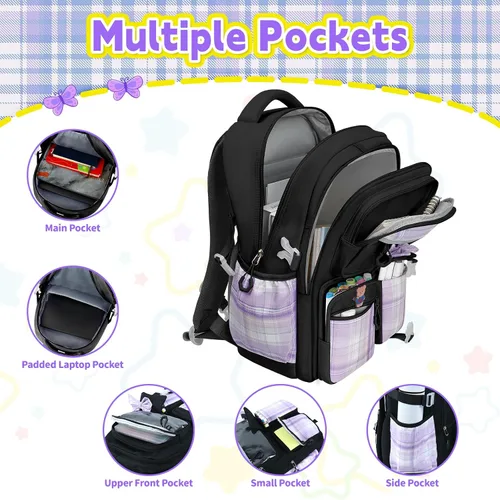 Vista 3 de Mochila para niñas con juego de lonchera, 5 piezas, color negro, linda mochila Kawaii para adolescentes, mochila escolar estética para primaria