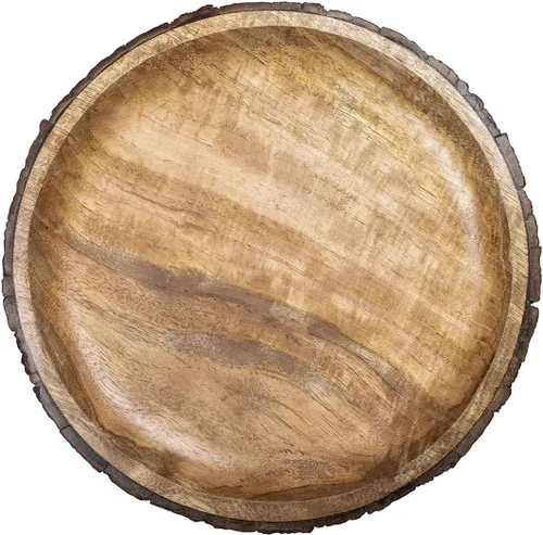 Vista 2 de GoCraft - Plato redondo de madera para servir con corteza de árbol en los bordes, plato de pizza de madera de mango, tabla para servir, plato