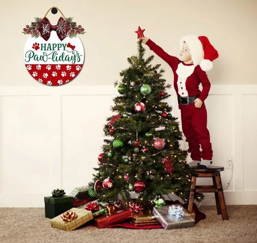 Vista 4 de Decoración de puerta de Navidad con texto en inglés «Happy Pawlidays» para puerta delantera, corona de Navidad, letrero colgante de madera rústica M1