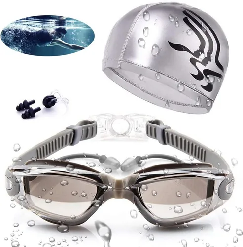 Vista 8 de Gafas de natación impermeables y juego de gorras 4 en 1, lentes de protección UV 400 transparentes antivaho Negro-1