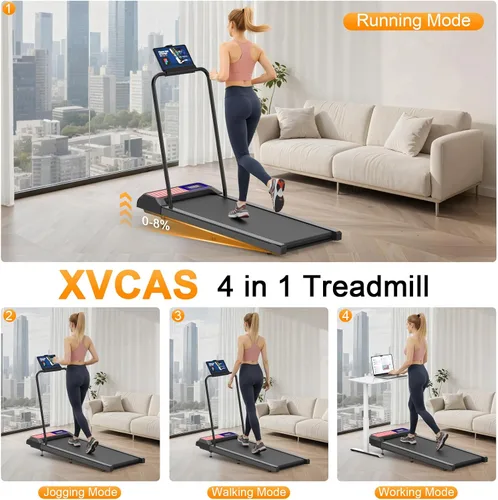Vista 2 de Cinta de caminar plegable con asa inclinada, equipo de fitness silencioso y plegable, cinta de correr con modos 4 en 1, fácil de montar