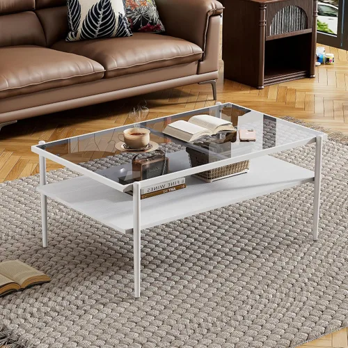 Vista 11 de Mesa de centro moderna rectangular con tapa de vidrio templado con estante de madera para el hogar, sala de estar, oficina, tienda o dormitorio
