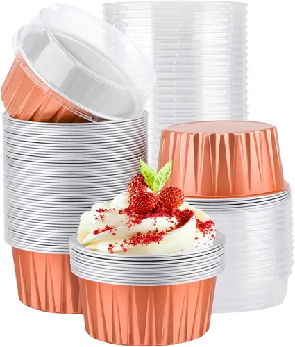 Vista 16 de EUSOAR Moldes desechables de papel de aluminio con tapas, 30 piezas de 5 onzas (4.2 fl oz) de papel de aluminio para magdalenas, tazas para hornear