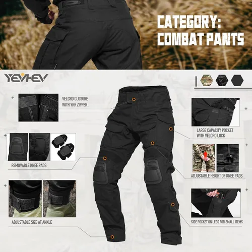 Vista 3 de YEVHEV Conjunto de ropa militar de combate G3, ropa táctica de camuflaje, uniforme de caza, equipo de paintball con rodilleras para hombres Negro