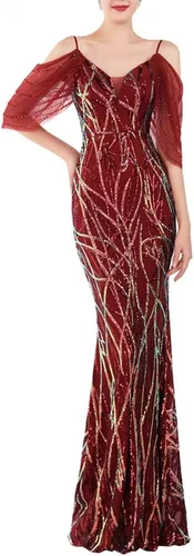 Vista 7 de Vestido de noche de sirena con lentejuelas y hombros descubiertos para mujer Albaricoque plateado