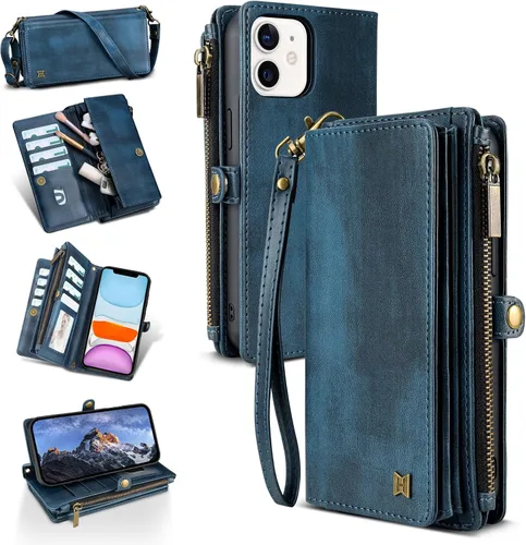Vista 73 de Funda tipo cartera para iPhone 16 Pro Max con 8 tarjeteros, bloqueo RFID, piel sintética, función atril, abatible, correa de muñeca y correa