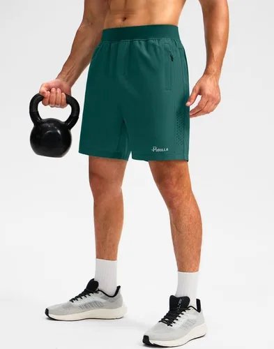 Vista 2 de Pudolla Pantalones cortos de entrenamiento para hombre con 3 bolsillos con cremallera, ligeros de 7 pulgadas, pantalones cortos de gimnasio