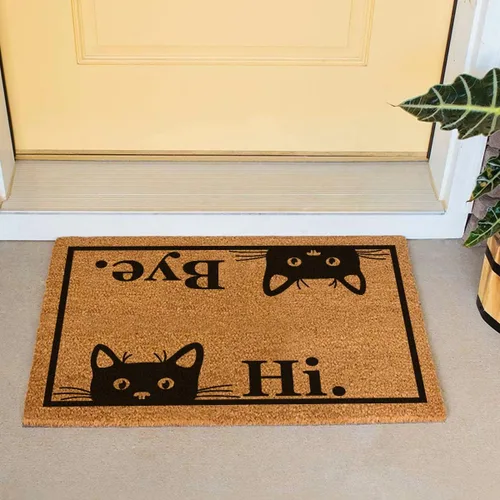 Vista 5 de Tapete divertido de fibra de coco con texto en inglés «Hi Bye», bonito tapete con temática de gato, decoración de porche delantero, tapete fino