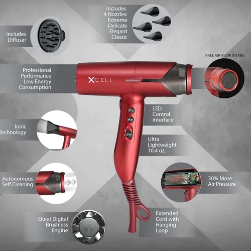 Vista 2 de GAMMA+ XCell Professional Ultra-Lightweight Hair Dryer Digital Motor Ionic Technology Whisper Quiet 12 Heat/Speeds Rojo mate