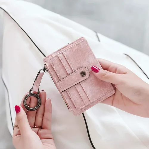 Vista 5 de Pofee XIO - Tarjetero de RFID delgado y minimalista para mujer, con bolsillo frontal, mini monedero con llavero