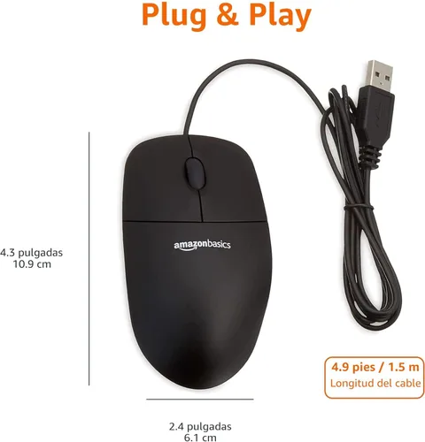 Vista 5 de AmazonBasics Ratón de computadora con cable USB de 3 botones (negro), paquete de 1