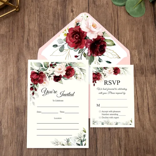 Vista 4 de DORIS HOME 25 invitaciones de boda rosadas con sobres y tarjetas RSVP con rosa burdeos y sobre con borde dorado para compromiso, quinceañera