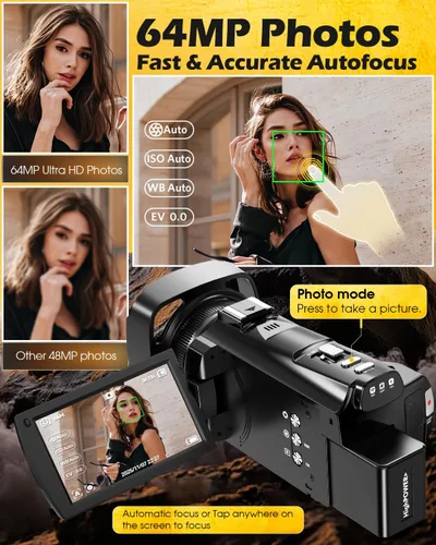 Vista 3 de Videocámara de cámara de video 5K, cámara de vlogging WiFi de 64 MP para YouTube con zoom óptico 8X, pantalla táctil IPS de 3.5 pulgadas, visión