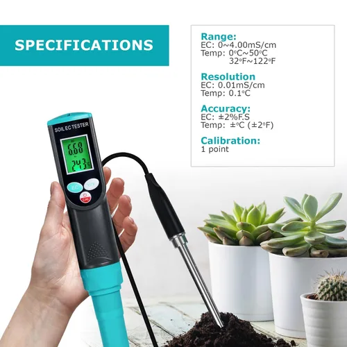 Vista 7 de Medidor digital EC de suelo 2 en 1 plantas porfesionales medidor de temperatura EC con sensor con cable, pantalla LCD retroiluminada, compensación