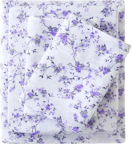 Vista 20 de Viviland Juego de sábanas tamaño matrimonial con estampado botánico de mariposas y flores rosadas y moradas, 4 piezas, sábanas de microfibra suave