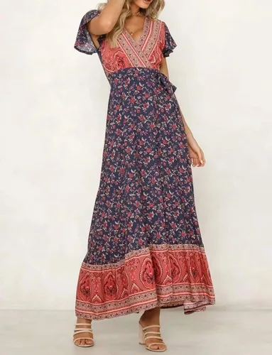 Vista 2 de Vestido R.Vivimos, largo y holgado, con abertura, moño en la cintura, de verano, manga corta, con estampado floral, de playa, bohemio, para mujer