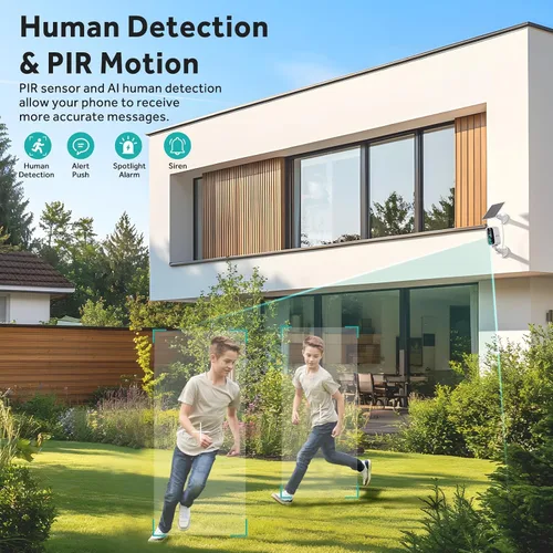 Vista 4 de Noonkey Cámara de seguridad solar de 4MP para exteriores, cámara de batería recargable inalámbrica de 5G y 2.4 GHz con foco/sirena, detección humana