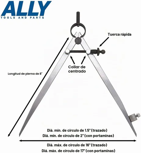 Vista 5 de ALLY Tools - Divisor de resorte de bloqueo de precisión de 8 pulgadas / brújula de carpintería con soporte para lápices, incluye dos lápices