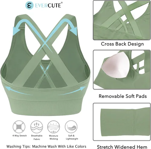 Vista 5 de Evercute - Brasier deportivo para mujer con relleno, soporte medio, tirantes cruzados y ajustables, sin costuras, para yoga, ejercicio atlético