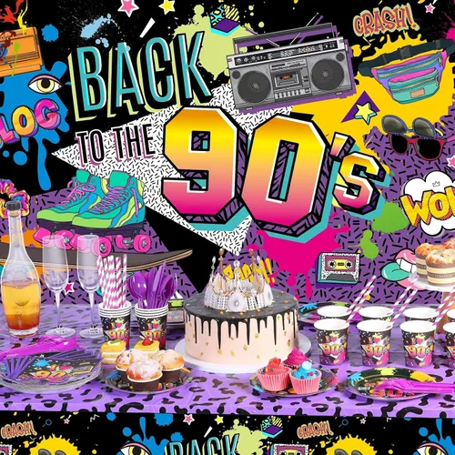 Vista 5 de Cunhill Decoraciones de fiesta de los años 90, temática de los años 90, globos de látex de regreso a los 90, mantel de fiesta de los 90, platos