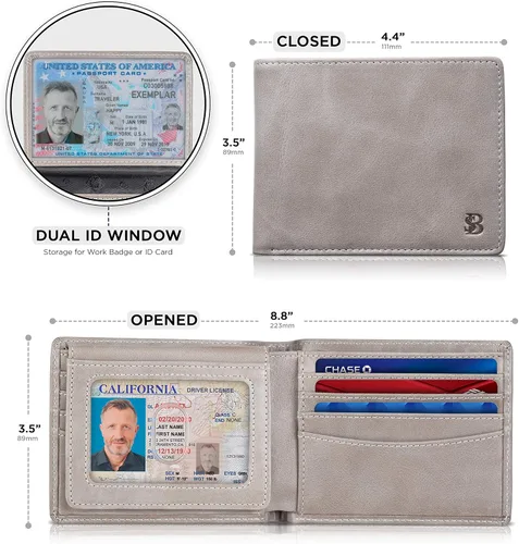 Vista 3 de SERMAN BRANDS Billetera de piel con 2 ventanas de identificación para hombre, con bloqueo RFID, doble tapa superior, billetera de viaje de capacidad