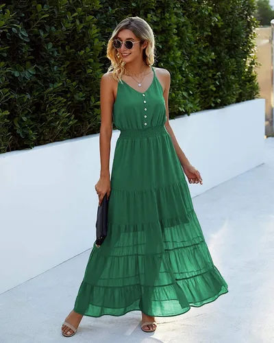 Vista 3 de PRETTYGARDEN Vestido casual de verano para mujer, tirantes delgados, sin mangas, cintura alta, para playa, largo