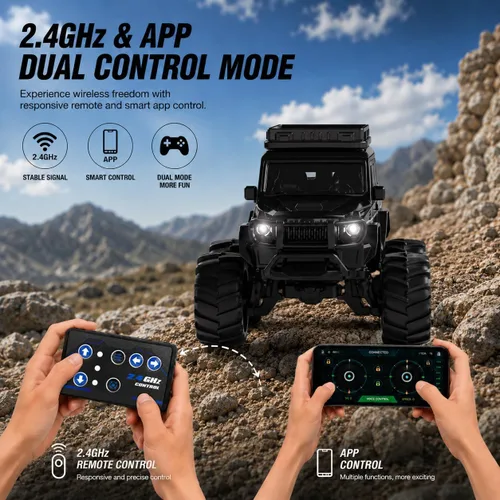 Vista 4 de 1:64 Mini RC Crawler Car, camión de control remoto de aleación con control de aplicación, controlador de 2.4 GHz, 3 modos de velocidad, luces LED