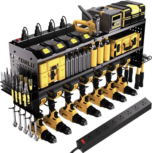 Vista 11 de Organizador de herramientas eléctricas con estación de carga, estante modular de montaje en pared resistente para garaje y organización