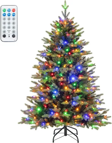 Vista 28 de HAPPYGRILL - Árbol de Navidad artificial preiluminado de 2.1 m, árbol de Navidad con nieve flocada y 320 luces LED multicolor, 8 modos de Snow Pe