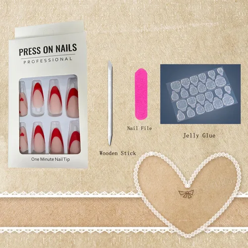 Vista 6 de Uñas postizas a presión de punta francesa de almendra, medianas, uñas postizas acrílicas artificiales con diseño de corazón de amor rojo, cobertura