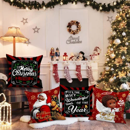 Vista 5 de Lanpn Juego de 4 fundas de almohada navideñas de Papá Noel negro de 16 x 16 pulgadas, funda de cojín decorativa de Navidad negra afroamericana de 16