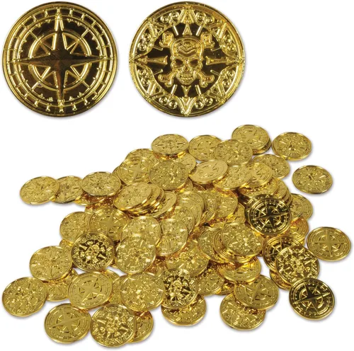 Vista 12 de Beistle 100 monedas de plástico en relieve de plata para casino occidental y tema pirata, recuerdos de fiesta del cofre del tesoro, 1.5 pulgadas