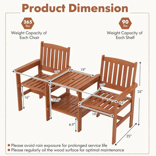 Vista 2 de RELAX4LIFE Sofá de dos plazas para exteriores con mesa integrada, sillas de patio de madera con mesa central y agujero para paraguas, banco