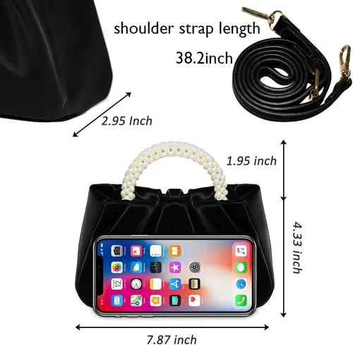 Vista 4 de Beatfull Bolso de noche para mujer, bolso de mano pequeño con perlas de cuero suave, bolso fruncido para boda, novia, fiesta, baile de graduación
