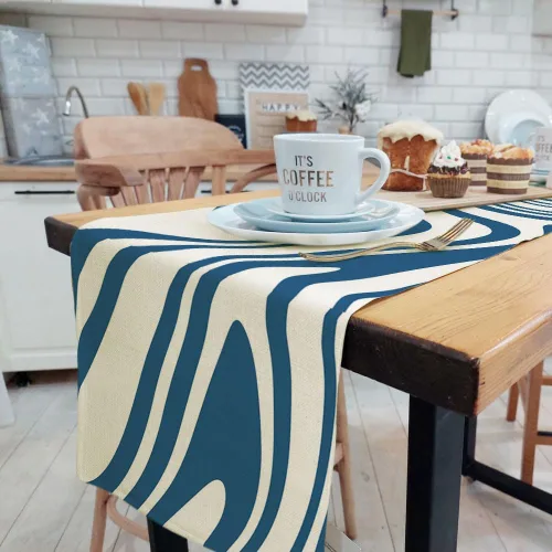 Vista 7 de Camino de mesa negro salvia, estético retro bohemio de los años 70, decoración abstracta de remolinos ondulados, decoración de mesa de comedor