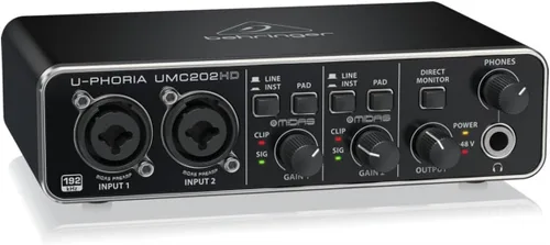 Vista 4 de Behringer UMC202HD Audiophile 2x2, Interfaz de audio USB de 24 bits/192 kHz con preamplificadores de micrófono Midas Para grabar micrófonos e