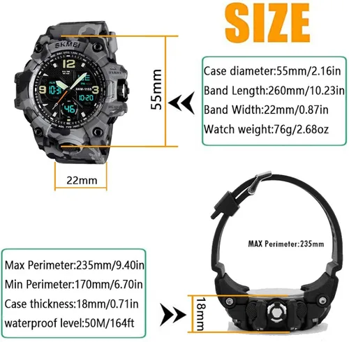 Vista 5 de Mens Analog Digital LED 50M Waterproof Outdoor Sport Watch Military Multifunction Casual Dual Display 12H24H Stopwatch Calendar Wrist Watch