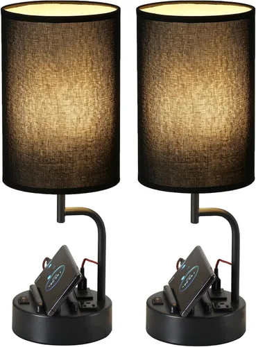 Vista 10 de Dreamholder - 2 lámparas de mesa con 3 puertos de carga USB, moderna lámpara de escritorio con toma de corriente alterna y soportes para teléfono