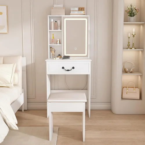 Vista 2 de Juego de Tocador Pequeño con Espejo Iluminado y Taburete, Juego de Mesa de Maquillaje Compacta con Luz - 3 Modelos de Colores, Mesa de Maquillaje