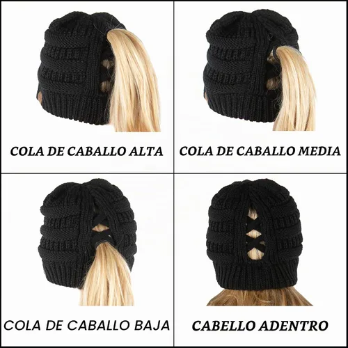 Vista 7 de Funky Junque - Gorro de coleta para mujer – Gorro de invierno con cola de caballo cruzada para mujer, cálidos y lindos gorros de punto con cola