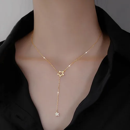 Vista 4 de Daitny - Collar de perlas para mujer, collar largo multicapa, collar de estrella a la moda, collar con dije de cadena de clavícula, joyería