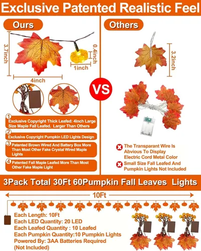 Vista 3 de Temporizador y paquete de 3 guirnaldas de otoño con luces de calabaza 60